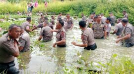 Puluhan Personil Polres Teluk Bintuni di Jebur ke dalam Kolam Teratai, berlumpur dan keruh usai upacara.